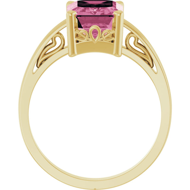 14K Gold Emerald Natural Pink Tourmaline Scroll Setting Solitaire Ring - Yellow Gold - view 2
