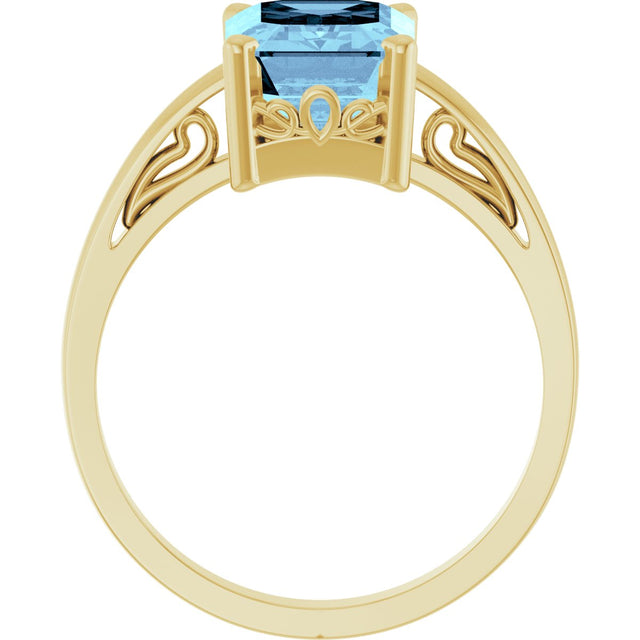 14K Gold Emerald Natural Aquamarine Scroll Setting Solitaire Ring - Yellow Gold - view 2
