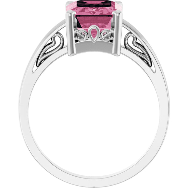 14K Gold Emerald Natural Pink Tourmaline Scroll Setting Solitaire Ring - White Gold - view 2