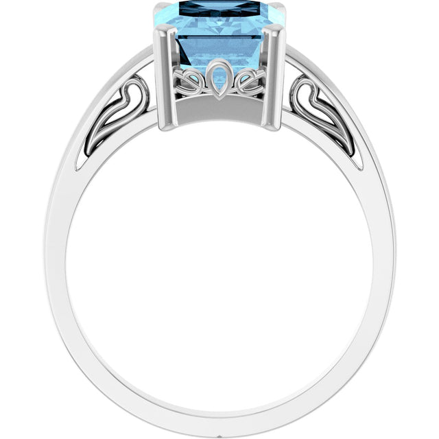 14K Gold Emerald Natural Aquamarine Scroll Setting Solitaire Ring - White Gold - view 2