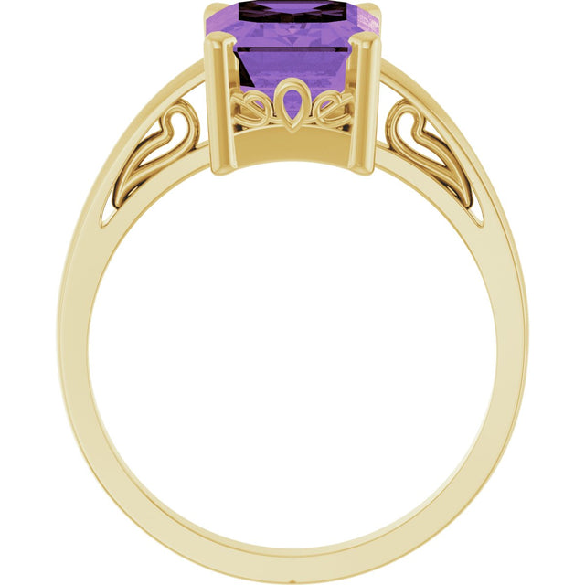 14K Gold Emerald Natural Amethyst Scroll Setting Solitaire Ring - Yellow Gold - view 2