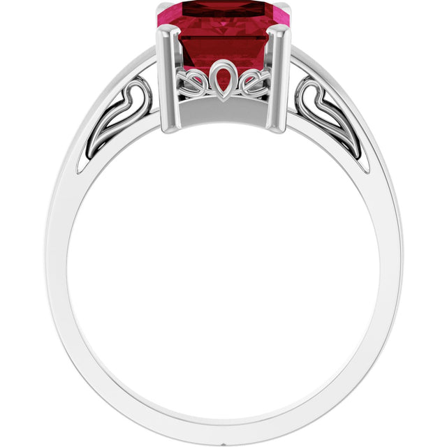 14K Gold Emerald Lab-Grown Ruby Scroll Setting Solitaire Ring - White Gold - view 2