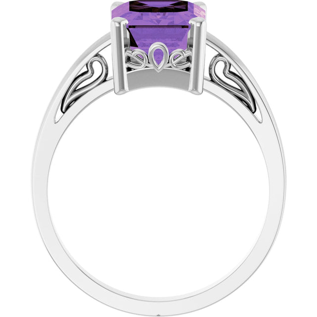 14K Gold Emerald Natural Amethyst Scroll Setting Solitaire Ring - White Gold - view 2