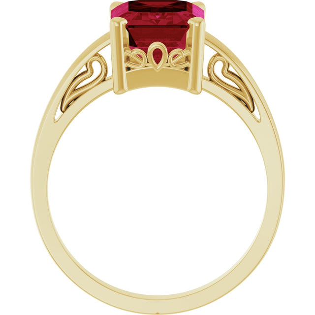14K Gold Emerald Lab-Grown Ruby Scroll Setting Solitaire Ring - Yellow Gold - view 2