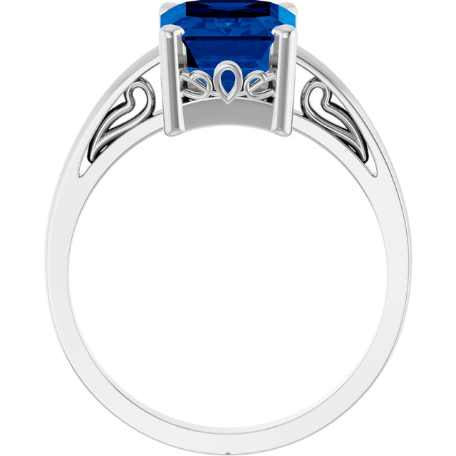 14K Gold Emerald Lab-Grown Blue Sapphire Scroll Setting Solitaire Ring - White Gold - view 2