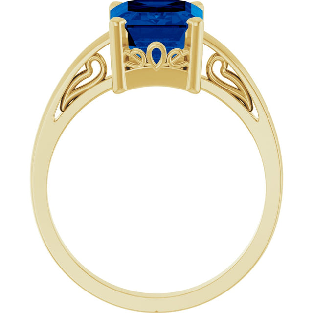 14K Gold Emerald Lab-Grown Blue Sapphire Scroll Setting Solitaire Ring - Yellow Gold - view 2