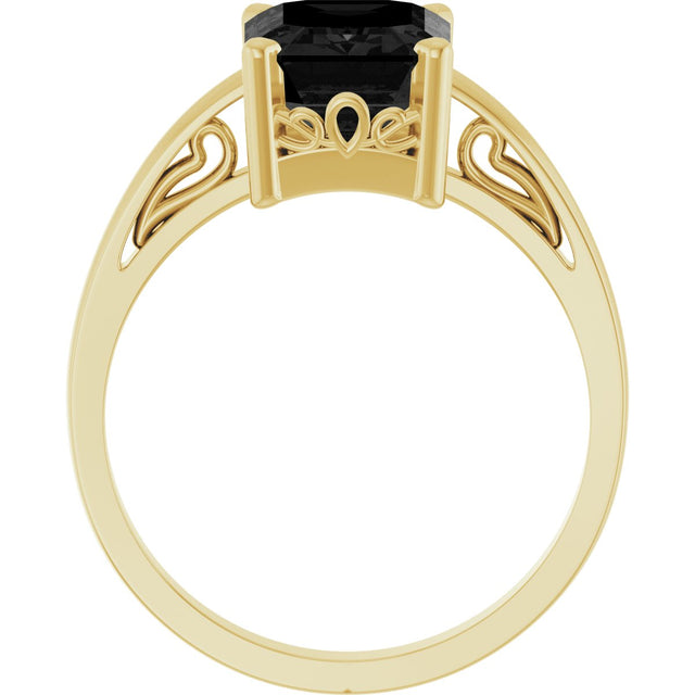 14K Gold Emerald Natural Black Onyx Scroll Setting Solitaire Ring - Yellow Gold - view 2