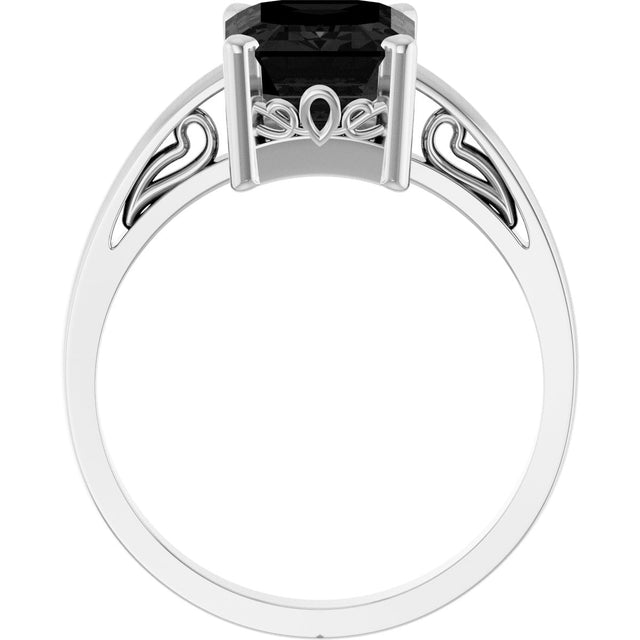 14K Gold Emerald Natural Black Onyx Scroll Setting Solitaire Ring - White Gold - view 2