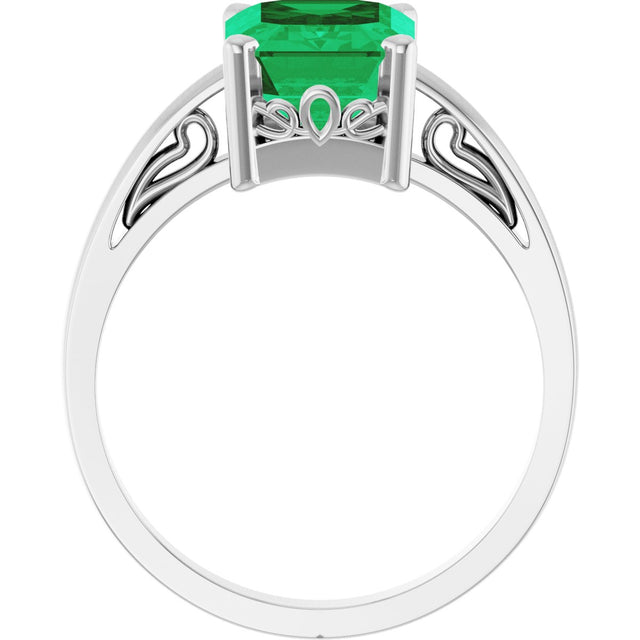 14K Gold Emerald Lab-Grown Emerald Scroll Setting Solitaire Ring - White Gold - view 2