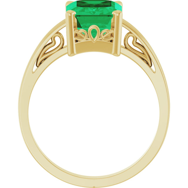 14K Gold Emerald Lab-Grown Emerald Scroll Setting Solitaire Ring - Yellow Gold - view 2