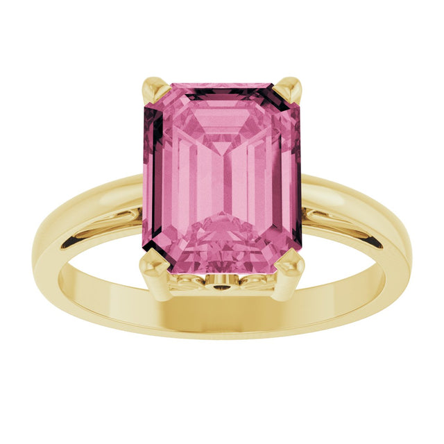 14K Gold Emerald Natural Pink Tourmaline Scroll Setting Solitaire Ring - Yellow Gold - view 3