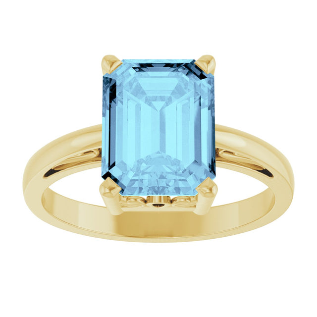 14K Gold Emerald Natural Aquamarine Scroll Setting Solitaire Ring - Yellow Gold - view 3