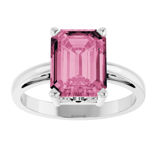 14K Gold Emerald Natural Pink Tourmaline Scroll Setting Solitaire Ring - White Gold - view 3