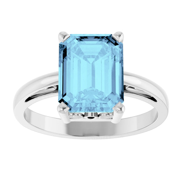 14K Gold Emerald Natural Aquamarine Scroll Setting Solitaire Ring - White Gold - view 3