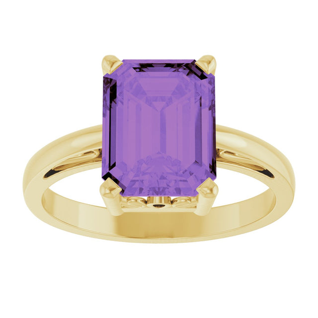 14K Gold Emerald Natural Amethyst Scroll Setting Solitaire Ring - Yellow Gold - view 3