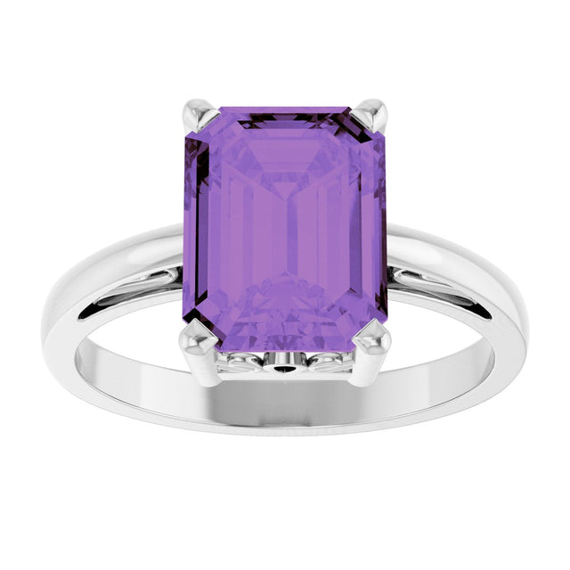 14K Gold Emerald Natural Amethyst Scroll Setting Solitaire Ring - White Gold - view 3