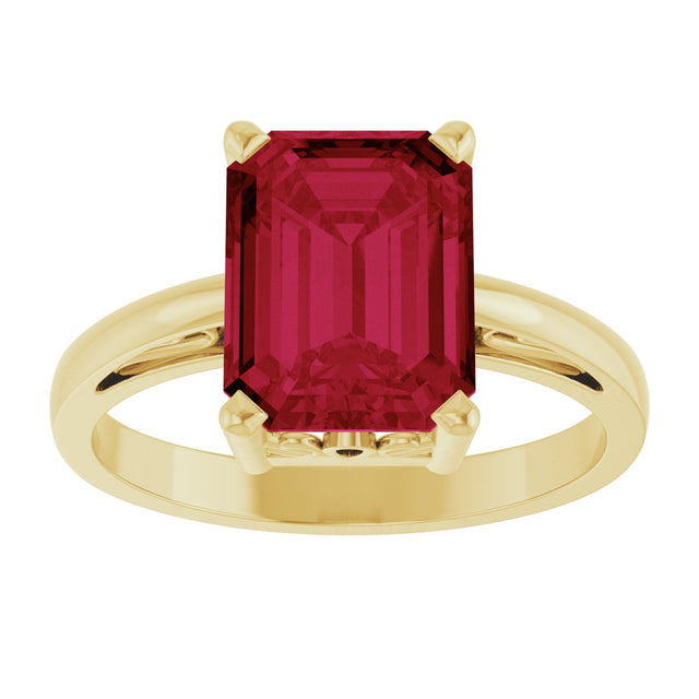 14K Gold Emerald Lab-Grown Ruby Scroll Setting Solitaire Ring - Yellow Gold - view 3