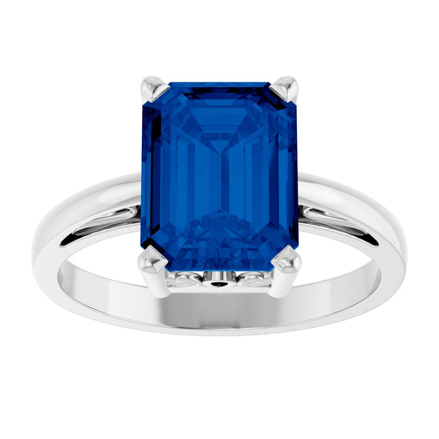 14K Gold Emerald Lab-Grown Blue Sapphire Scroll Setting Solitaire Ring - White Gold - view 3