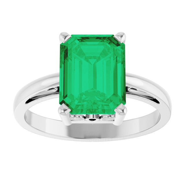 14K Gold Emerald Lab-Grown Emerald Scroll Setting Solitaire Ring - White Gold - view 3