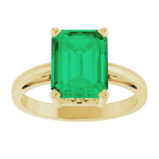 14K Gold Emerald Lab-Grown Emerald Scroll Setting Solitaire Ring - Yellow Gold - view 3