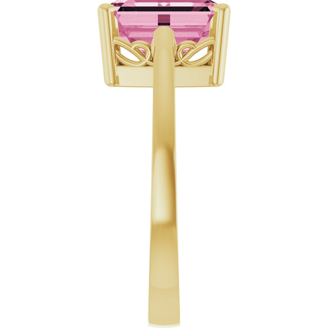 14K Gold Emerald Natural Pink Tourmaline Scroll Setting Solitaire Ring - Yellow Gold - view 4