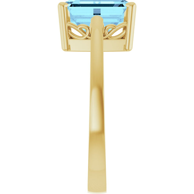 14K Gold Emerald Natural Aquamarine Scroll Setting Solitaire Ring - Yellow Gold - view 4
