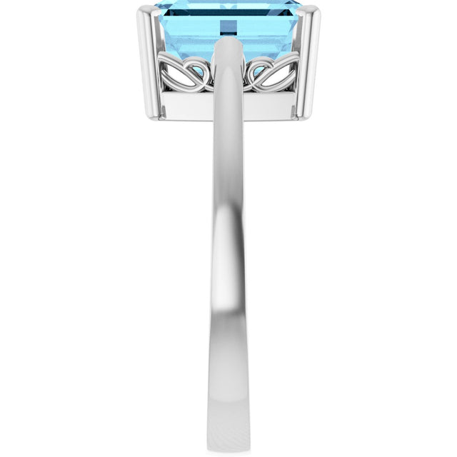 14K Gold Emerald Natural Aquamarine Scroll Setting Solitaire Ring - White Gold - view 4