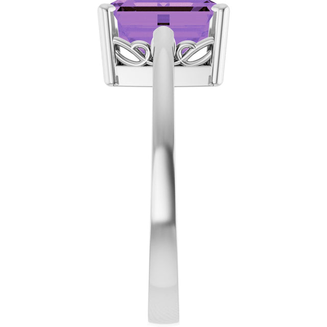 14K Gold Emerald Natural Amethyst Scroll Setting Solitaire Ring - White Gold - view 4