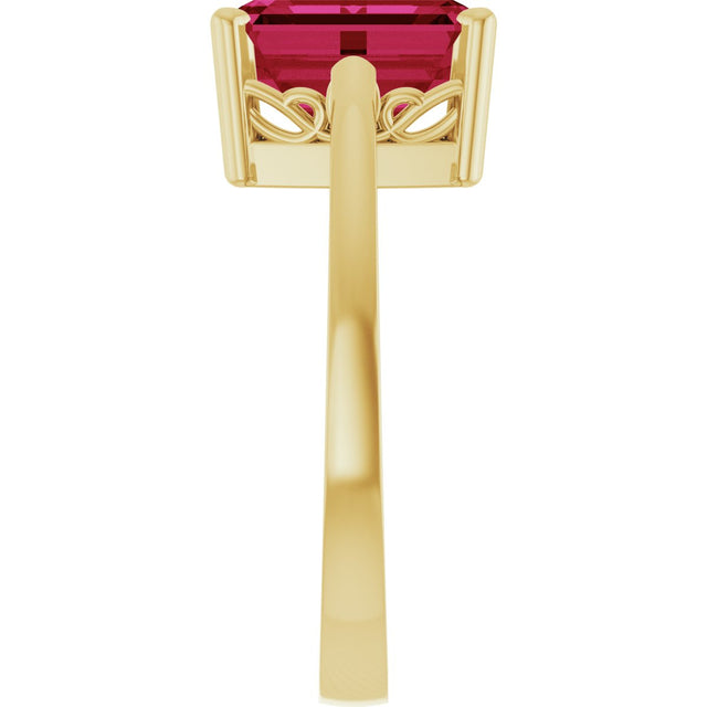 14K Gold Emerald Lab-Grown Ruby Scroll Setting Solitaire Ring - Yellow Gold - view 4