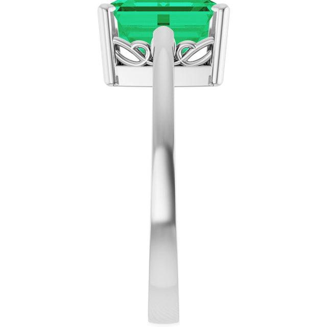 14K Gold Emerald Lab-Grown Emerald Scroll Setting Solitaire Ring - White Gold - view 4