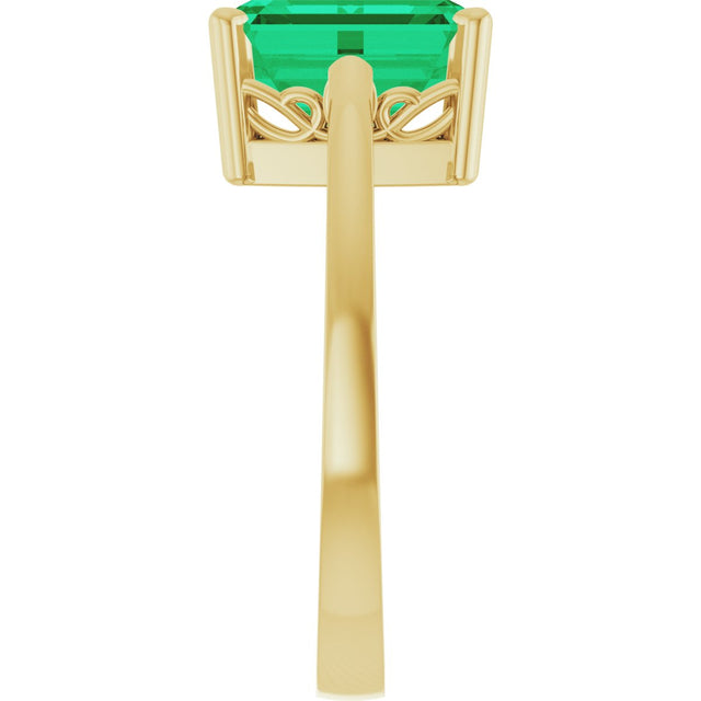 14K Gold Emerald Lab-Grown Emerald Scroll Setting Solitaire Ring - Yellow Gold - view 4