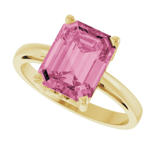 14K Gold Emerald Natural Pink Tourmaline Scroll Setting Solitaire Ring - Yellow Gold - view 5