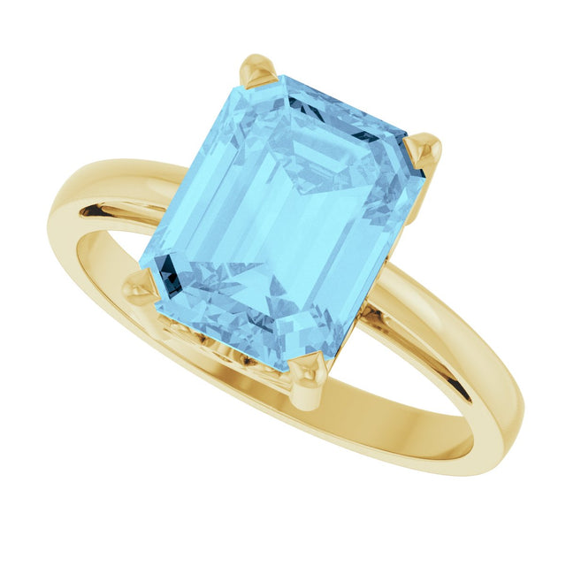 14K Gold Emerald Natural Aquamarine Scroll Setting Solitaire Ring - Yellow Gold - view 5