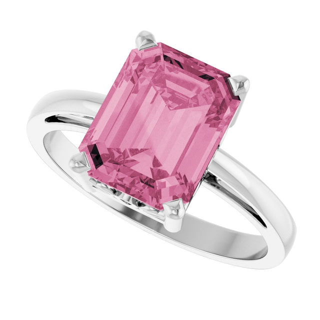 14K Gold Emerald Natural Pink Tourmaline Scroll Setting Solitaire Ring - White Gold - view 5