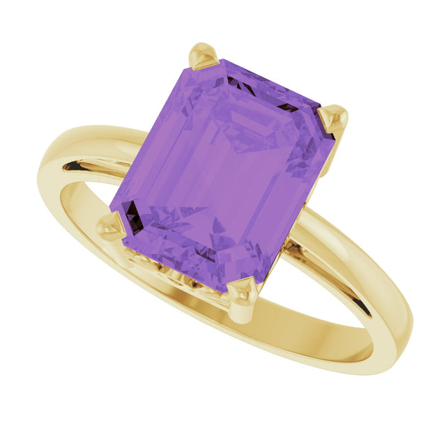 14K Gold Emerald Natural Amethyst Scroll Setting Solitaire Ring - Yellow Gold - view 5