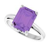 14K Gold Emerald Natural Amethyst Scroll Setting Solitaire Ring - White Gold - view 5