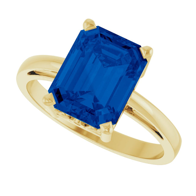 14K Gold Emerald Lab-Grown Blue Sapphire Scroll Setting Solitaire Ring - Yellow Gold - view 5