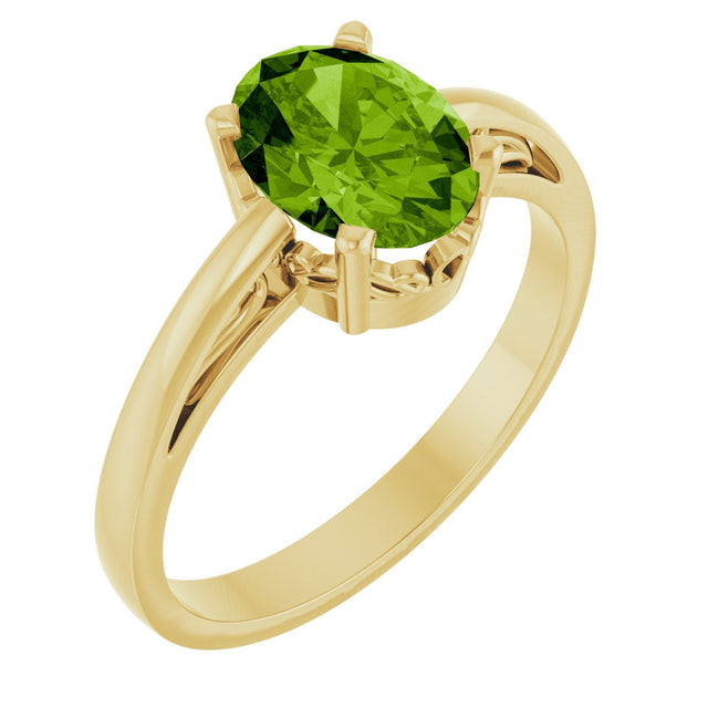 14K Gold Oval Natural Peridot Scroll Setting Solitaire Ring - Yellow Gold