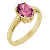 14K Gold Oval Natural Pink Tourmaline Scroll Setting Solitaire Ring - Yellow Gold