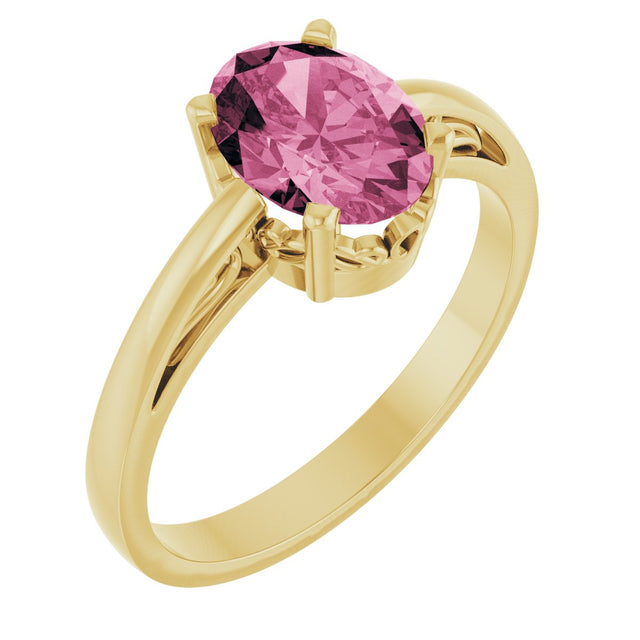 14K Gold Oval Natural Pink Tourmaline Scroll Setting Solitaire Ring - Yellow Gold