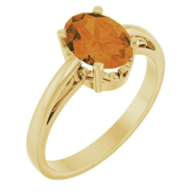 14K Gold Oval Natural Citrine Scroll Setting Solitaire Ring - Yellow Gold