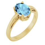 14K Gold Oval Natural Aquamarine Scroll Setting Solitaire Ring - Yellow Gold