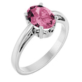14K Gold Oval Natural Pink Tourmaline Scroll Setting Solitaire Ring - White Gold