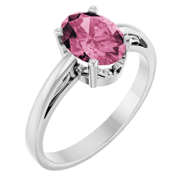 14K Gold Oval Natural Pink Tourmaline Scroll Setting Solitaire Ring - White Gold