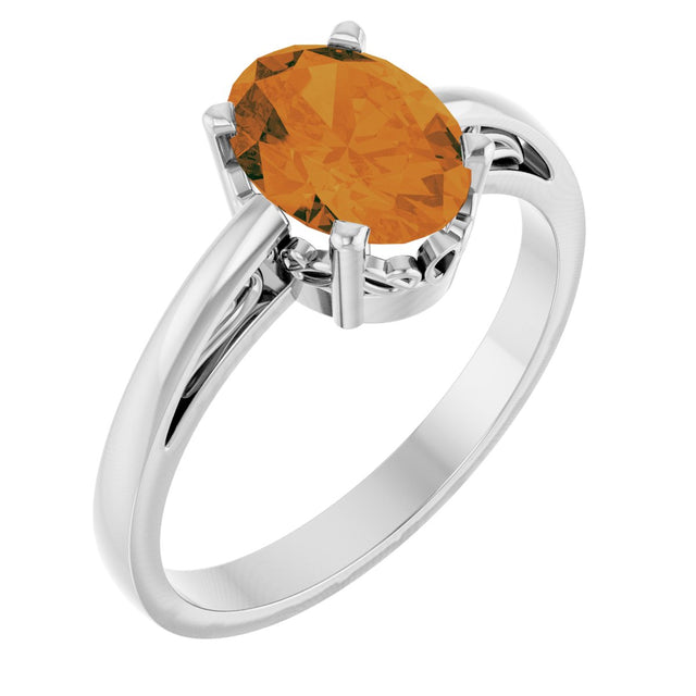 14K Gold Oval Natural Citrine Scroll Setting Solitaire Ring - White Gold