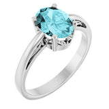 14K Gold Oval Natural Blue Zircon Scroll Setting Solitaire Ring - White Gold