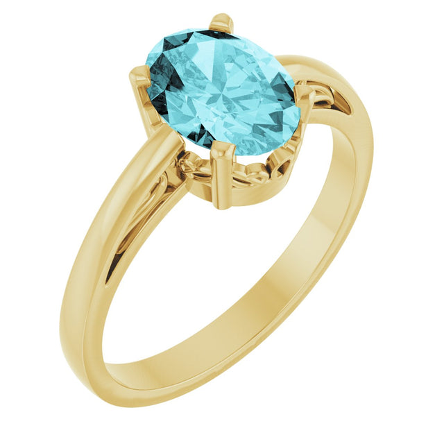 14K Gold Oval Natural Blue Zircon Scroll Setting Solitaire Ring - Yellow Gold