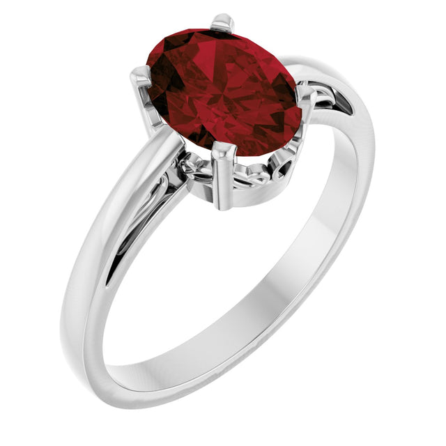 14K Gold Oval Natural Mozambique Garnet Scroll Setting Solitaire Ring - White Gold