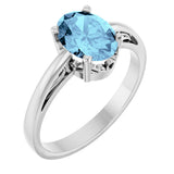 14K Gold Oval Natural Aquamarine Scroll Setting Solitaire Ring - White Gold