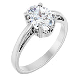 14K Gold Oval Natural White Sapphire Scroll Setting Solitaire Ring - White Gold
